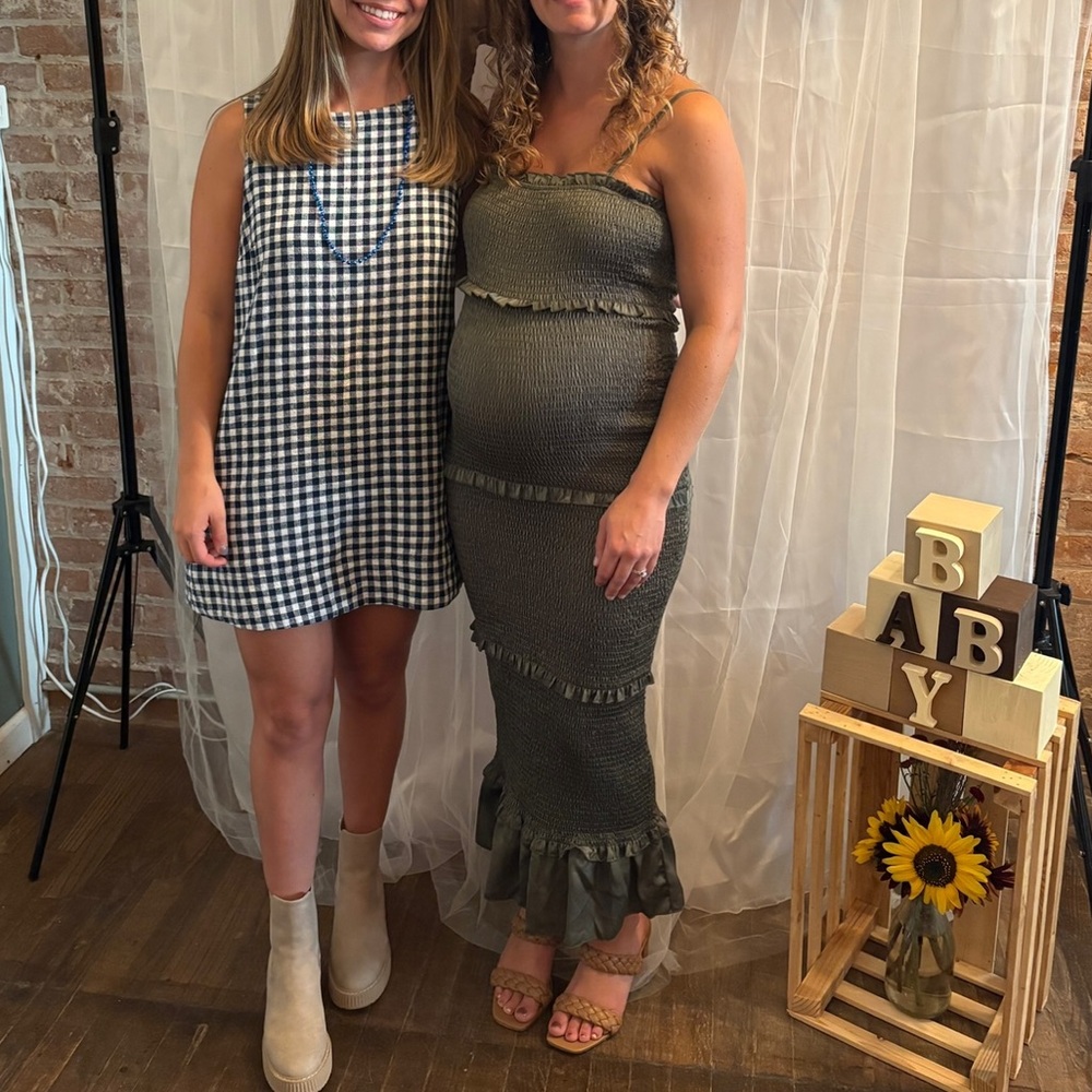 PinkBlush Mable Olive Green Smocked Ruffle Fitted Midi Dress - Picture 7 of 7
